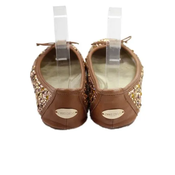 Jimmy Choo Womens Leather Crystal Embellished Ballet Flats Shoes Brown Size 7
