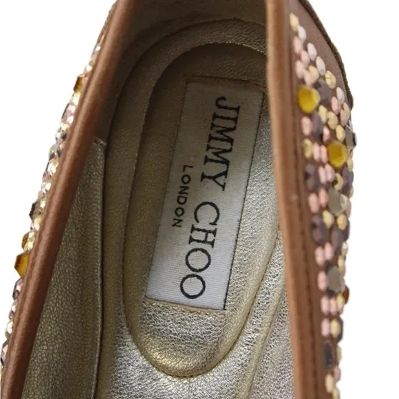 Jimmy Choo Womens Leather Crystal Embellished Ballet Flats Shoes Brown Size 7