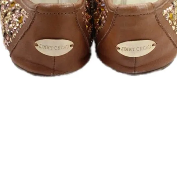 Jimmy Choo Womens Leather Crystal Embellished Ballet Flats Shoes Brown Size 7