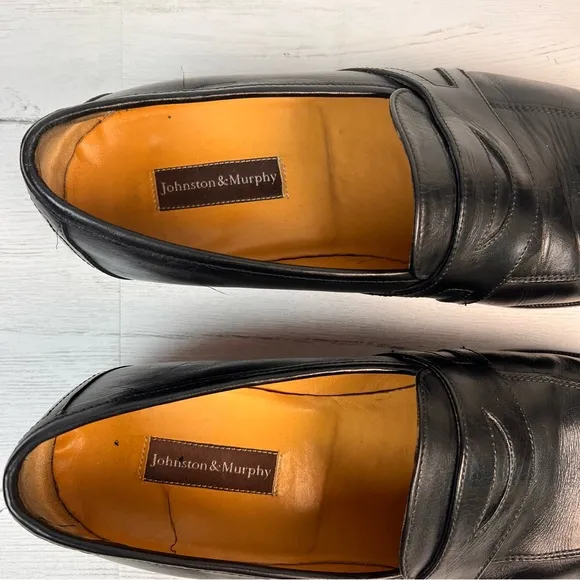 Johnston &amp; Murphy Penny Loafers Men Black Leather Dress Shoes 11.5M SlipOn 11275