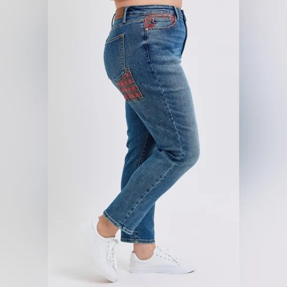 Judy Blue Red Plaid Patchwork High-Rise Skinny Denim Jeans Slim Fit Ankle Pants