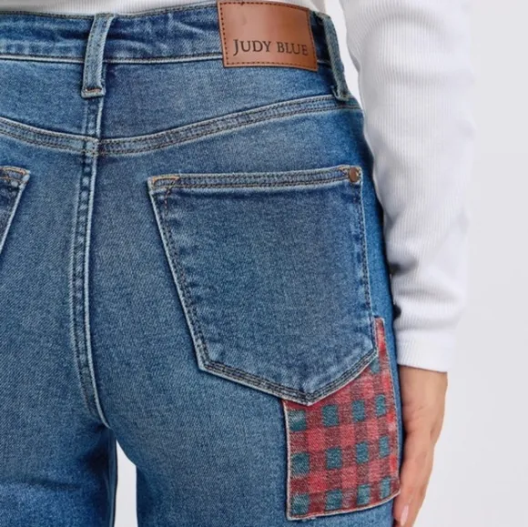 Judy Blue Red Plaid Patchwork High-Rise Skinny Denim Jeans Slim Fit Ankle Pants