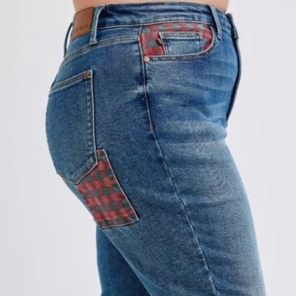 Judy Blue Red Plaid Patchwork High-Rise Skinny Denim Jeans Slim Fit Ankle Pants