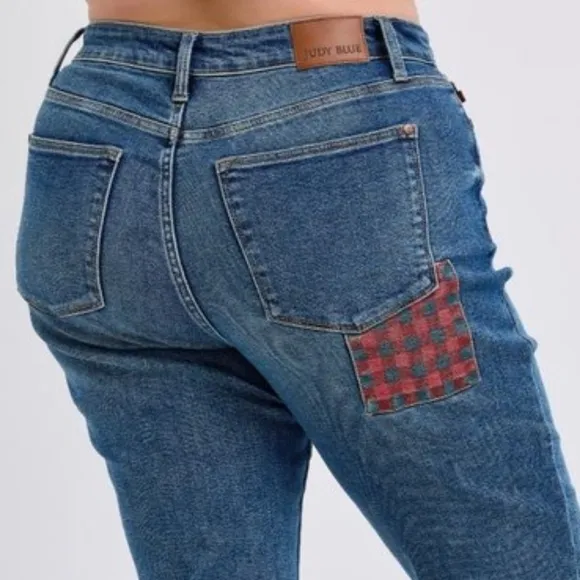 Judy Blue Red Plaid Patchwork High-Rise Skinny Denim Jeans Slim Fit Ankle Pants