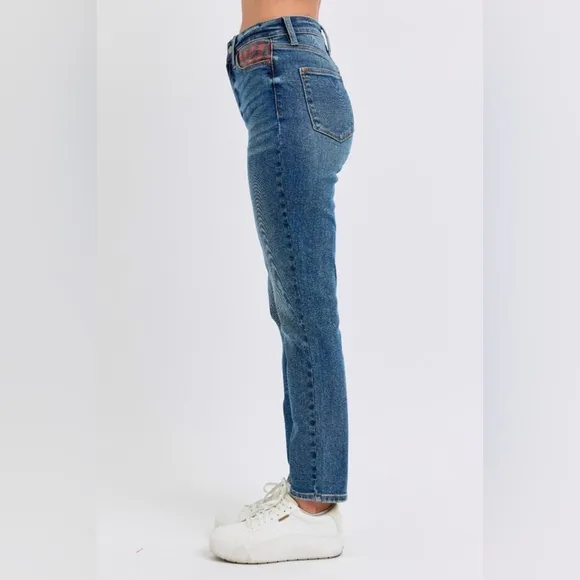 Judy Blue Red Plaid Patchwork High-Rise Skinny Denim Jeans Slim Fit Ankle Pants