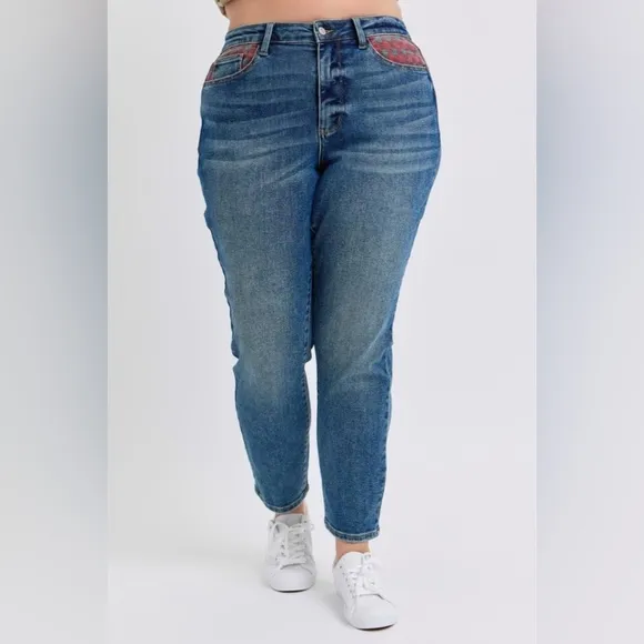 Judy Blue Red Plaid Patchwork High-Rise Skinny Denim Jeans Slim Fit Ankle Pants
