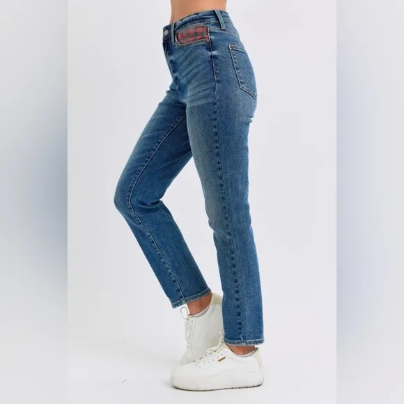 Judy Blue Red Plaid Patchwork High-Rise Skinny Denim Jeans Slim Fit Ankle Pants