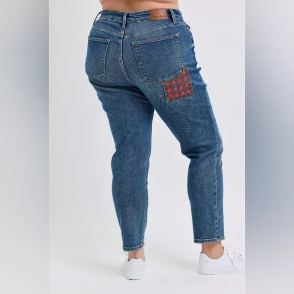 Judy Blue Red Plaid Patchwork High-Rise Skinny Denim Jeans Slim Fit Ankle Pants