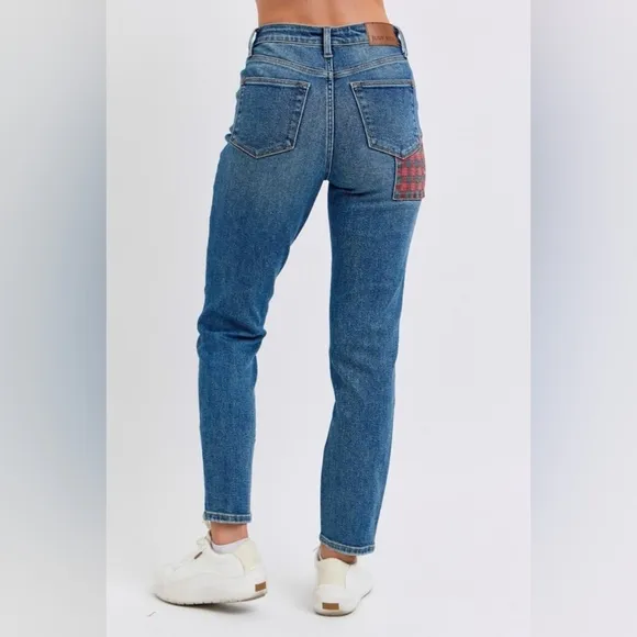 Judy Blue Red Plaid Patchwork High-Rise Skinny Denim Jeans Slim Fit Ankle Pants