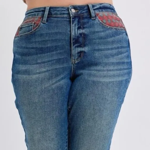 Judy Blue Red Plaid Patchwork High-Rise Skinny Denim Jeans Slim Fit Ankle Pants