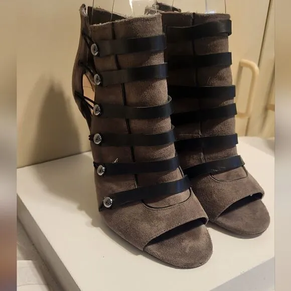 Karl Lagerfeld Paris &quot;Gaby&quot;Gray Suede Peep Toe Strappy Ankle Boots Sz.6 Ret $350