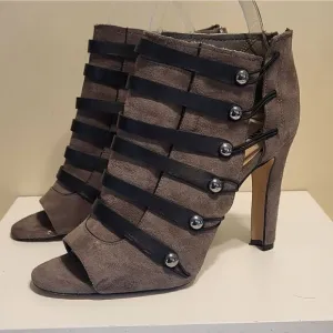 Karl Lagerfeld Paris &quot;Gaby&quot;Gray Suede Peep Toe Strappy Ankle Boots Sz.6 Ret $350