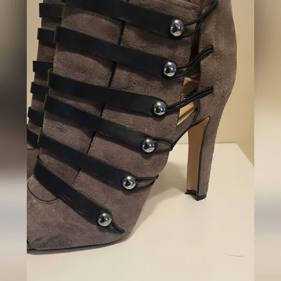 Karl Lagerfeld Paris &quot;Gaby&quot;Gray Suede Peep Toe Strappy Ankle Boots Sz.6 Ret $350