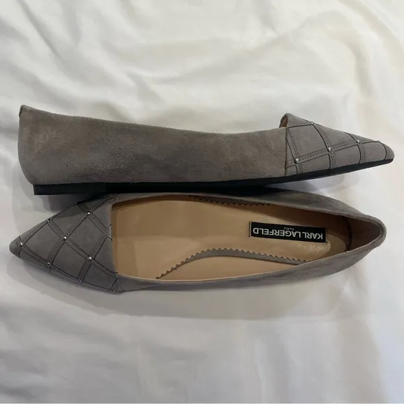 Karl Lagerfeld Slip On Flats Nala Gray Quilted Studded Pointed Toe size 10