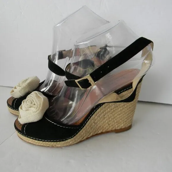 Kate Spade BRIT Black Cream Flower  Suede ESPADRILLE Wedge Sandals SZ 7