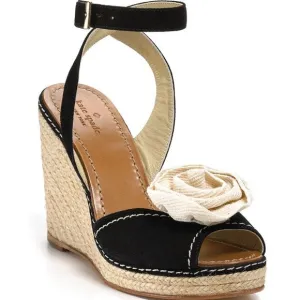 Kate Spade BRIT Black Cream Flower  Suede ESPADRILLE Wedge Sandals SZ 7