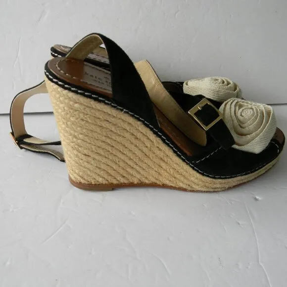 Kate Spade BRIT Black Cream Flower  Suede ESPADRILLE Wedge Sandals SZ 7