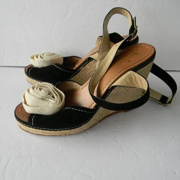 Kate Spade BRIT Black Cream Flower  Suede ESPADRILLE Wedge Sandals SZ 7
