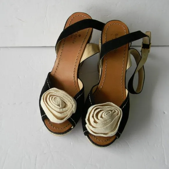 Kate Spade BRIT Black Cream Flower  Suede ESPADRILLE Wedge Sandals SZ 7