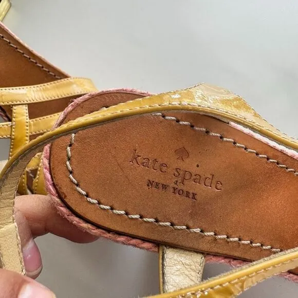 Kate Spade Espadrilles 5&quot; Wedge Sandals 7.5 Patent Leather Rainbow Retro Hippie