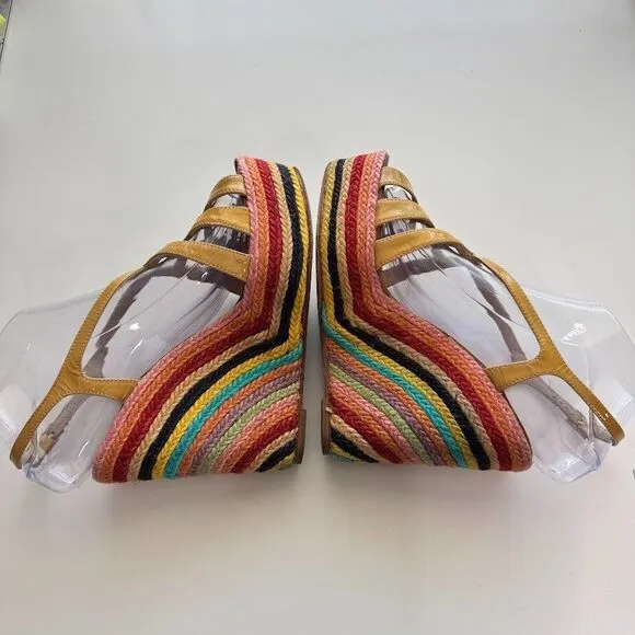 Kate Spade Espadrilles 5&quot; Wedge Sandals 7.5 Patent Leather Rainbow Retro Hippie