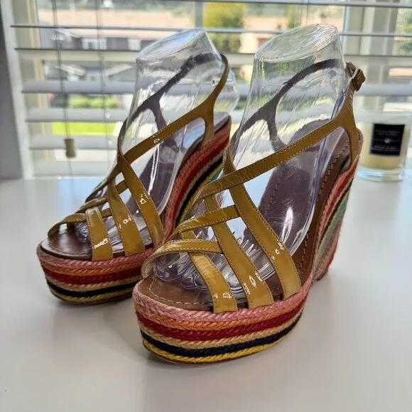 Kate Spade Espadrilles 5&quot; Wedge Sandals 7.5 Patent Leather Rainbow Retro Hippie