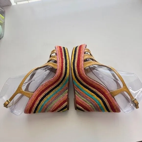 Kate Spade Espadrilles 5&quot; Wedge Sandals 7.5 Patent Leather Rainbow Retro Hippie