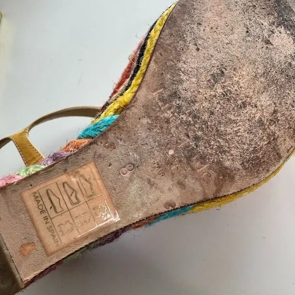 Kate Spade Espadrilles 5&quot; Wedge Sandals 7.5 Patent Leather Rainbow Retro Hippie
