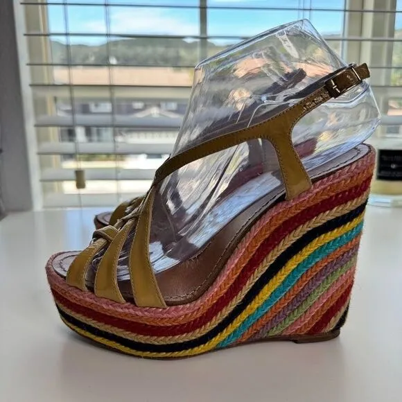 Kate Spade Espadrilles 5&quot; Wedge Sandals 7.5 Patent Leather Rainbow Retro Hippie