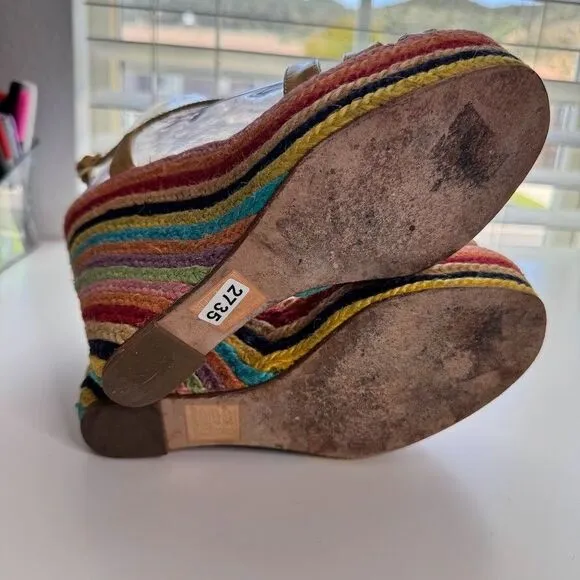 Kate Spade Espadrilles 5&quot; Wedge Sandals 7.5 Patent Leather Rainbow Retro Hippie