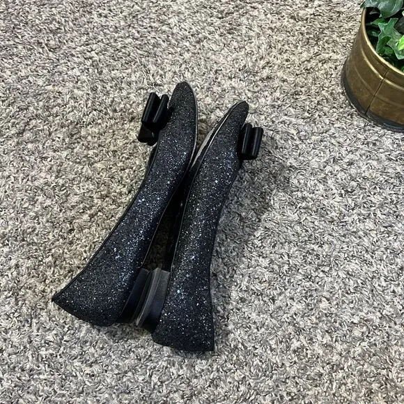 Kate Spade New York Nell Black Glitter Satin Bow Ballet Flats Shoe Size 8.5 B