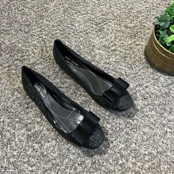 Kate Spade New York Nell Black Glitter Satin Bow Ballet Flats Shoe Size 8.5 B