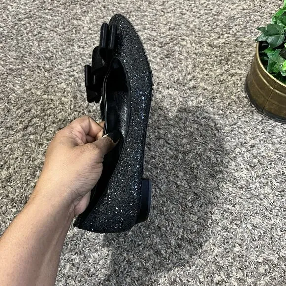 Kate Spade New York Nell Black Glitter Satin Bow Ballet Flats Shoe Size 8.5 B