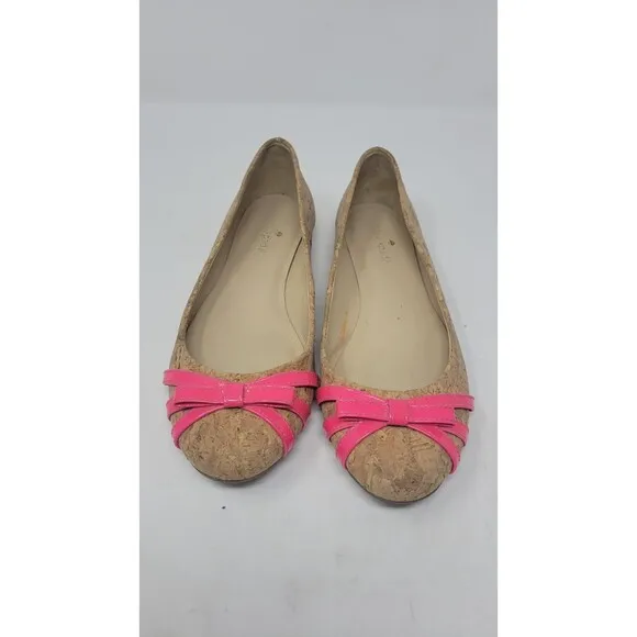 KATE SPADE TAN CORK BALLET FLATS HOT PINK BOW DETAIL
