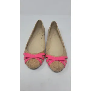 KATE SPADE TAN CORK BALLET FLATS HOT PINK BOW DETAIL