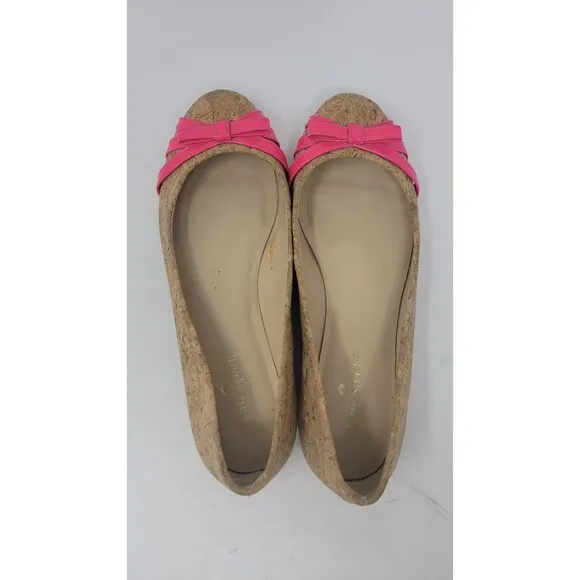 KATE SPADE TAN CORK BALLET FLATS HOT PINK BOW DETAIL