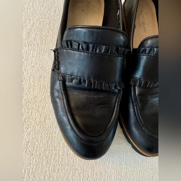 KATE SPADE Womens Black Leather Chunky Ruffle Loafers, Size 8