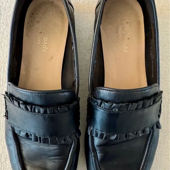 KATE SPADE Womens Black Leather Chunky Ruffle Loafers, Size 8