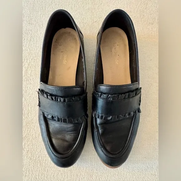 KATE SPADE Womens Black Leather Chunky Ruffle Loafers, Size 8