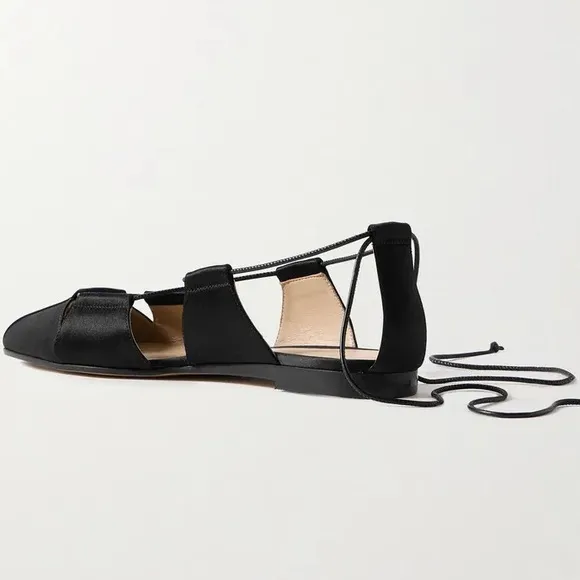 Le Monde Beryl Greek Lace Up Ballet Flats in Silk Satin Black
