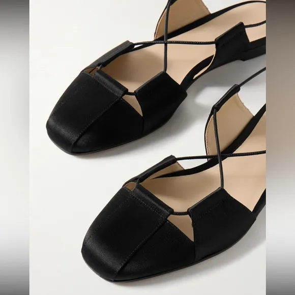 Le Monde Beryl Greek Lace Up Ballet Flats in Silk Satin Black