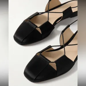Le Monde Beryl Greek Lace Up Ballet Flats in Silk Satin Black