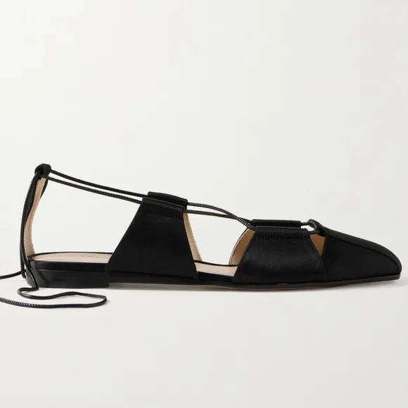 Le Monde Beryl Greek Lace Up Ballet Flats in Silk Satin Black