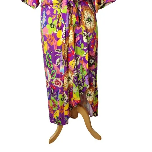 LE SUPERBE Floral Muse Asymmetric Tie Front Midi Dress 8 NEW