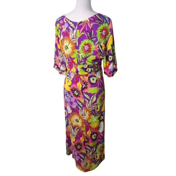 LE SUPERBE Floral Muse Asymmetric Tie Front Midi Dress 8 NEW