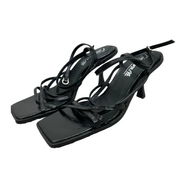 L'Intervalle black leather square toe strappy heel sandals 40