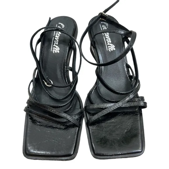 L'Intervalle black leather square toe strappy heel sandals 40