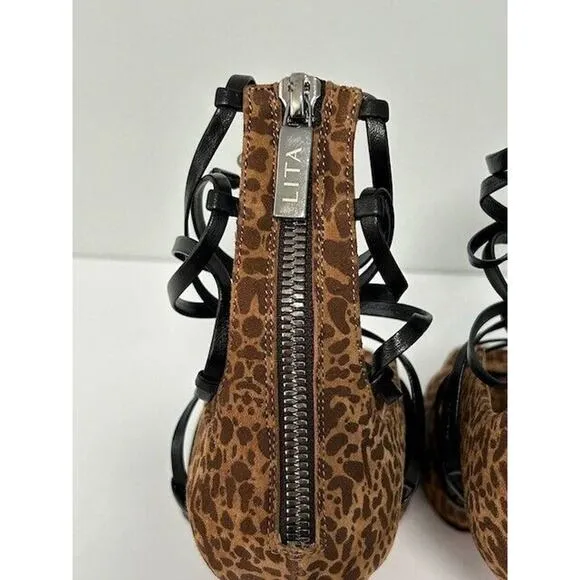 LITA By Ciara Strappy Sandal Stiletto Heel Leopard Leather Gladiator 42/11.5 NIB