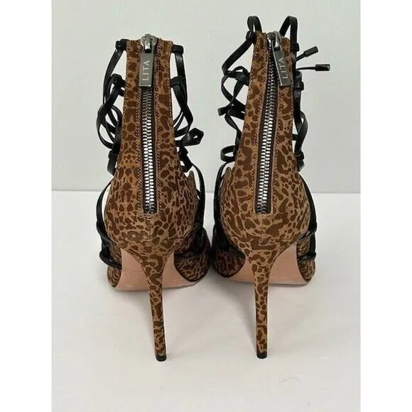 LITA By Ciara Strappy Sandals Stiletto Heels Leopard Print Leather 40/9.5 NIB