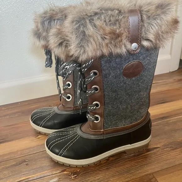 London Fog Snow Boots Faux Fur Trim size 8